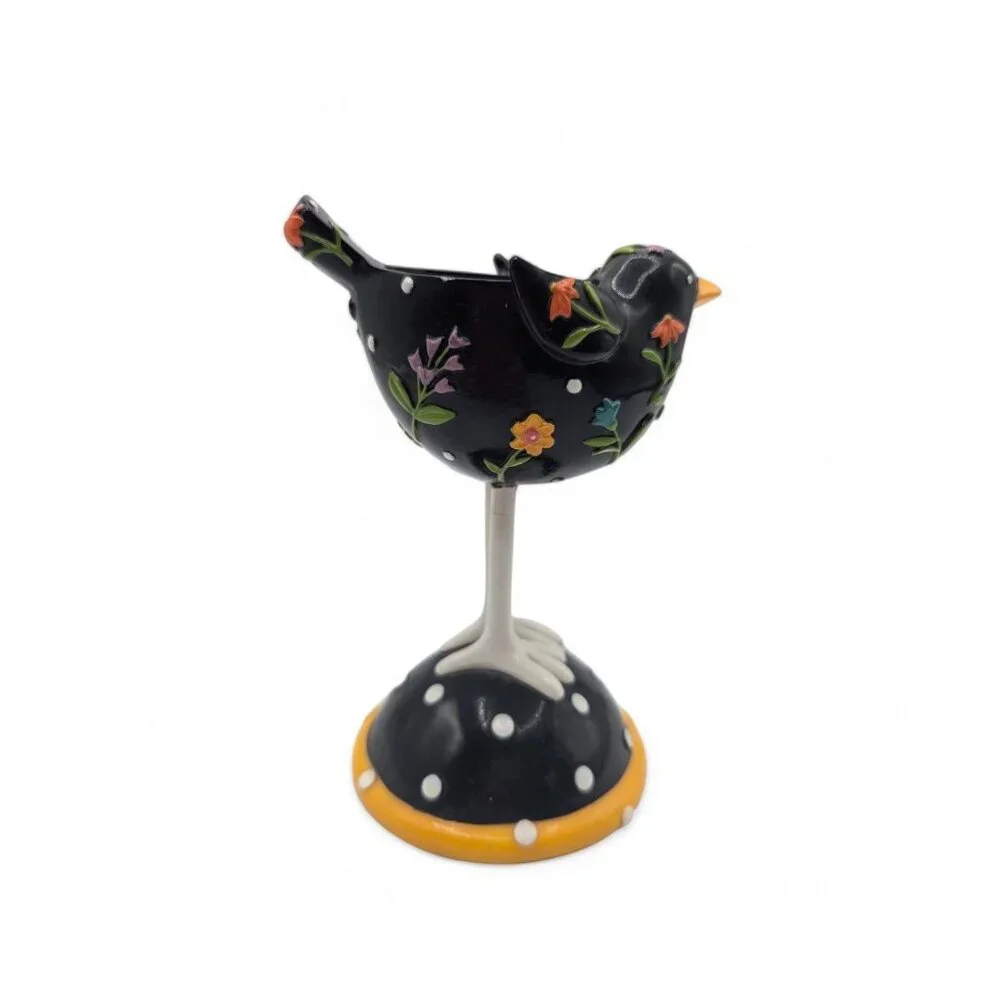 Yankee Candle Black Bird Long Legs Votive Candle Holder With Folk Art Floral Des